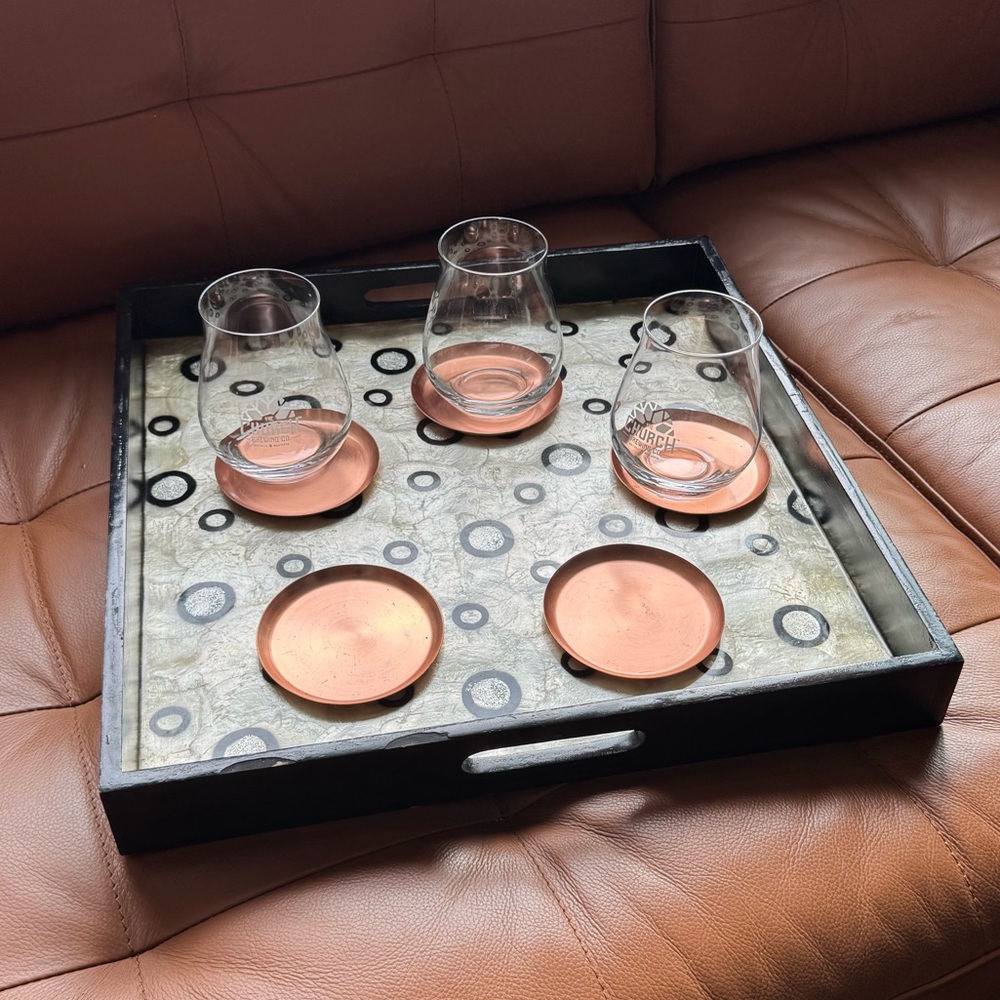 Wood Serving tray & Copper coaster set. Wooden pearlescent